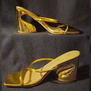 Dune Lemonade Gold Metallic Strappy Sandals w/Abstract Block Heels - Size 8